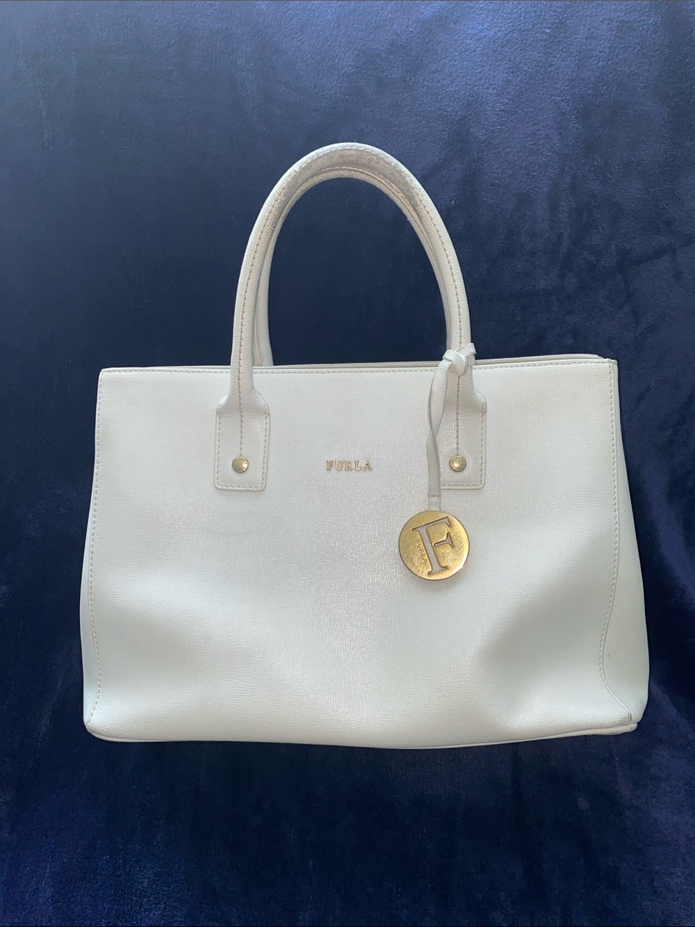 Furla Ivory Leather Top-Handle Satchel with Gold Disc Charm